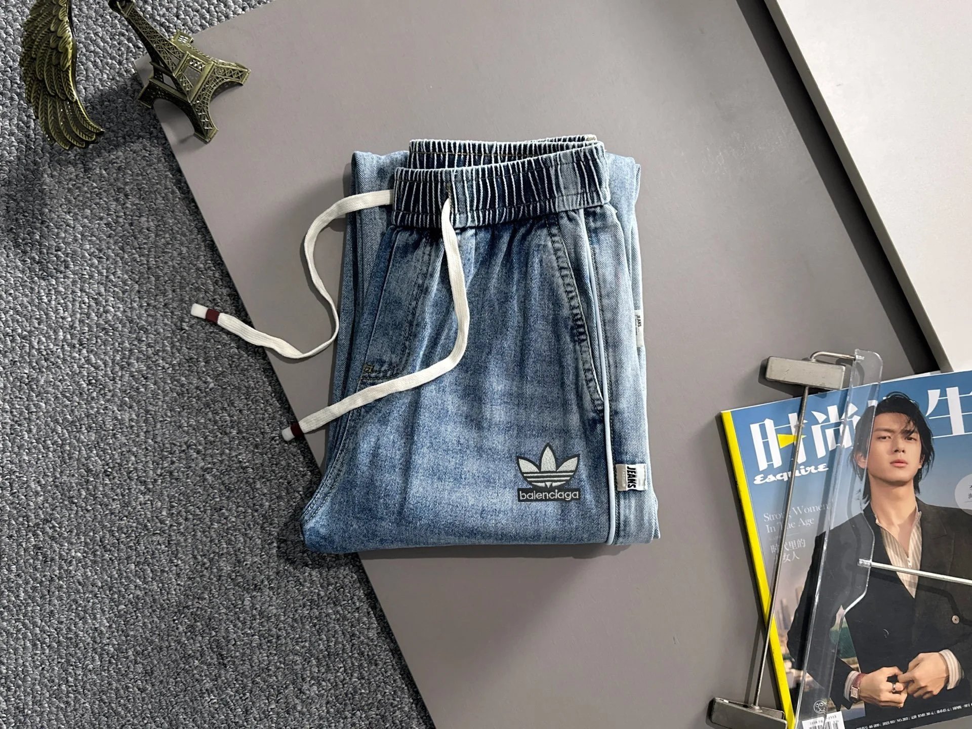 Balenciaga Light Blue Denim Drawstring Casual Pants