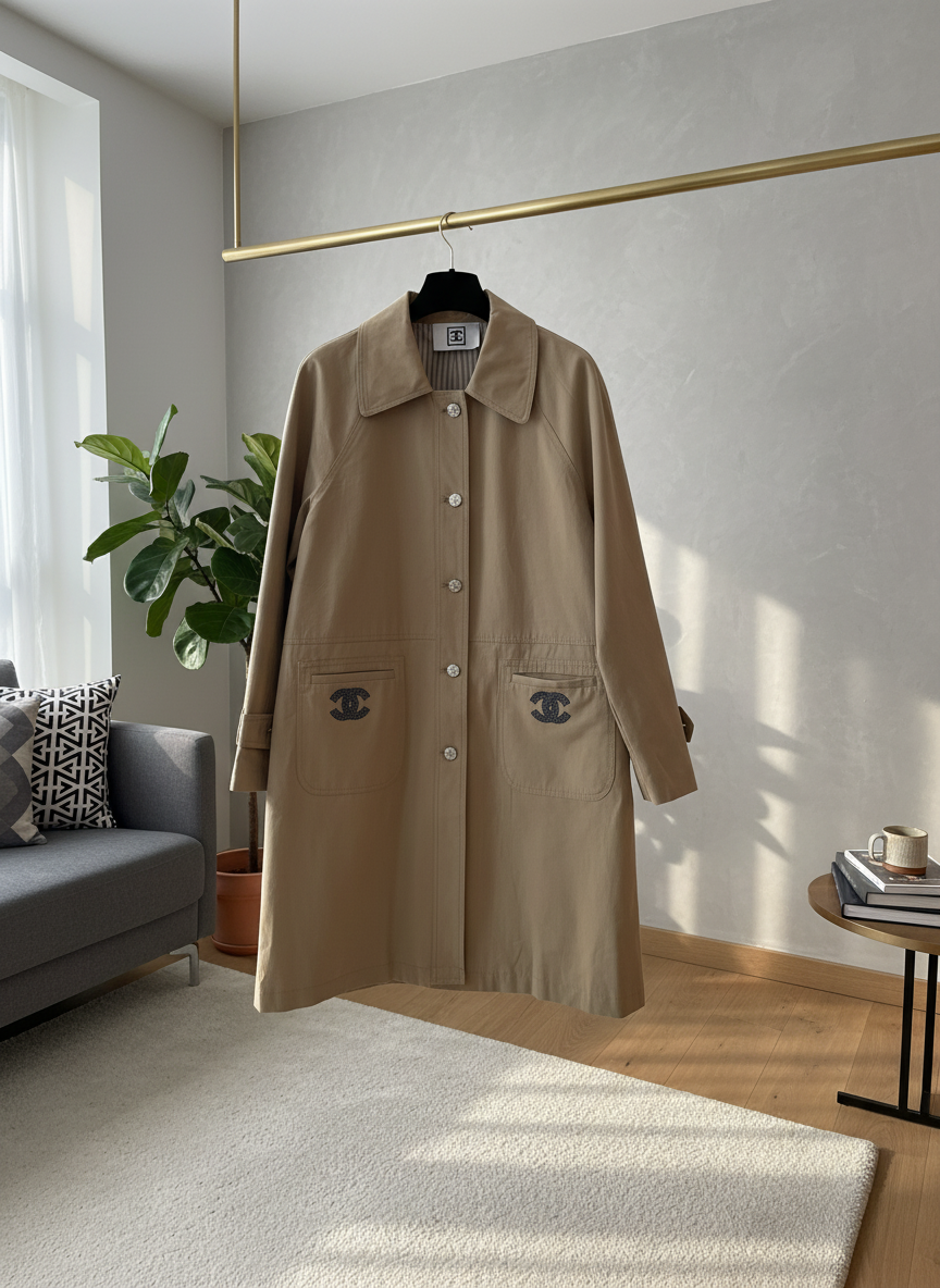 CHANEL Women Beige Long Coat Classic Lapel Spring Style