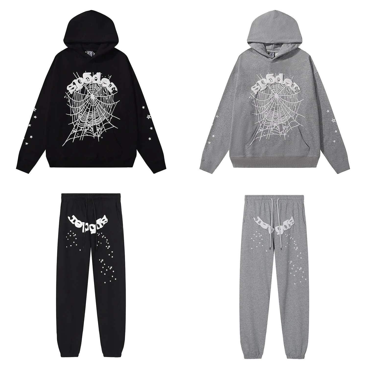 SP5DER Black Cotton Hoodie Pants Set Streetwear