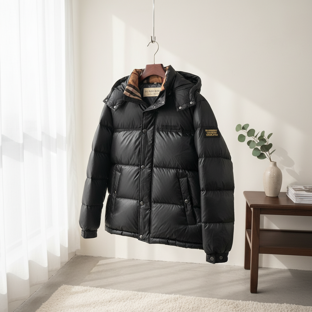 Burberry Men Black Down Puffer Jacket with Hood