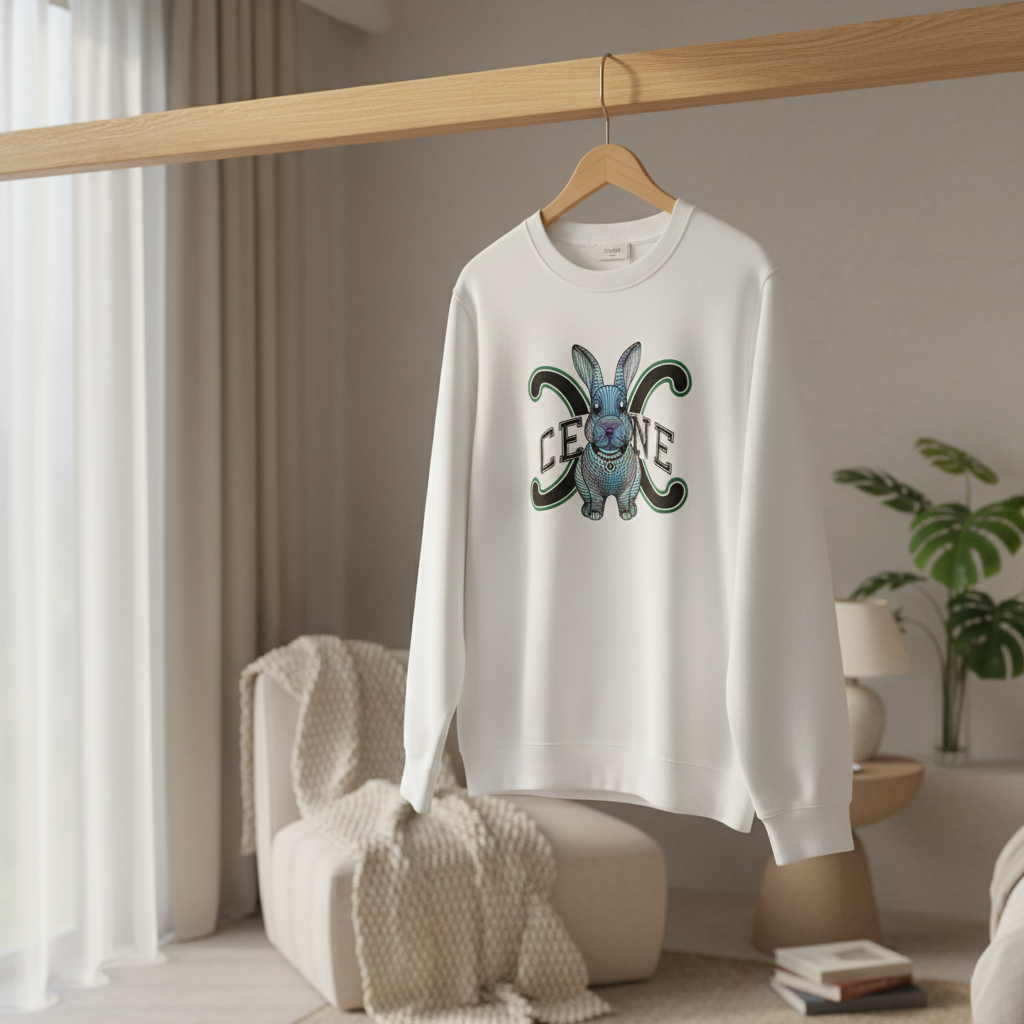 CELINE White Bunny Logo Cotton Hoodie