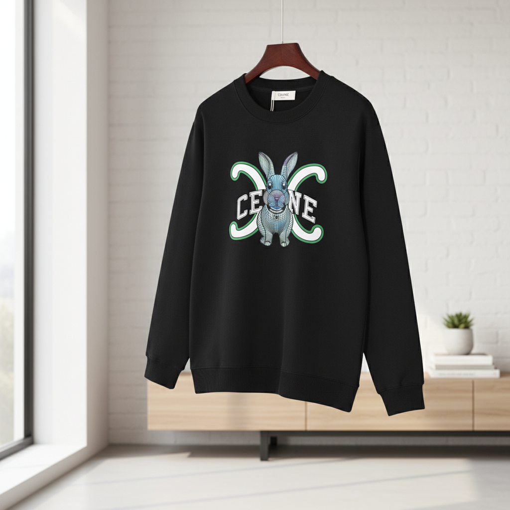 CELINE Black Rabbit Print Cotton Hoodie