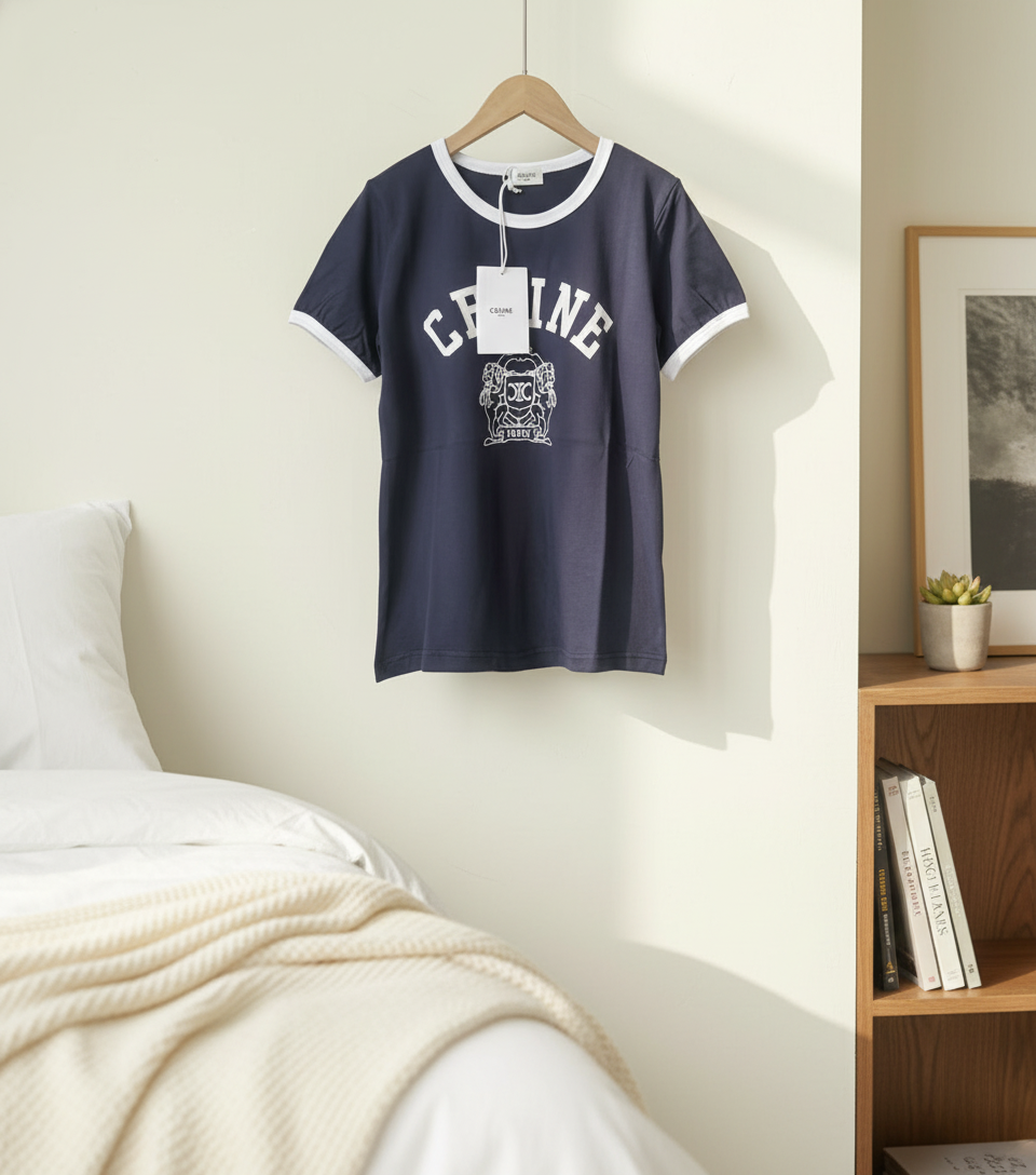 CELINE Paris Navy Blue Logo Cotton T-Shirt Women