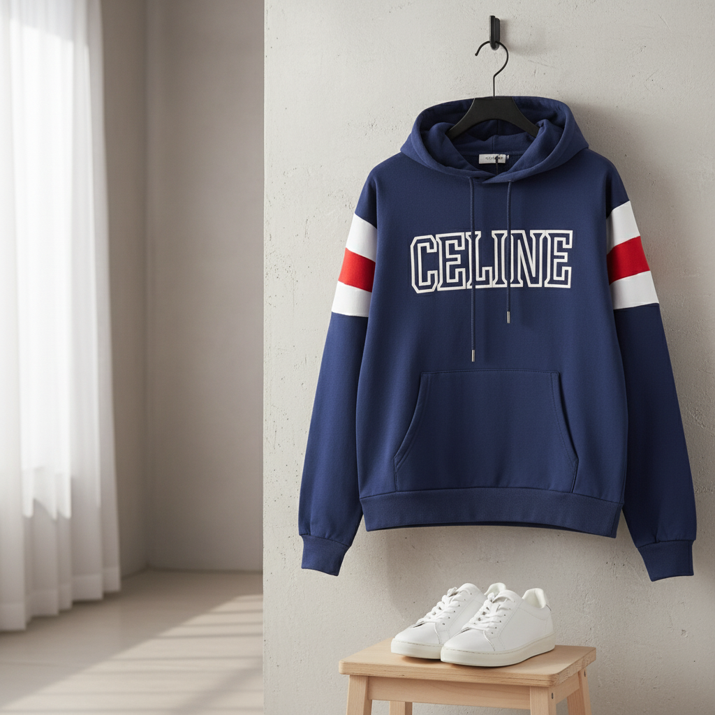 CELINE Navy Blue Logo Hoodie Unisex Sweatshirt