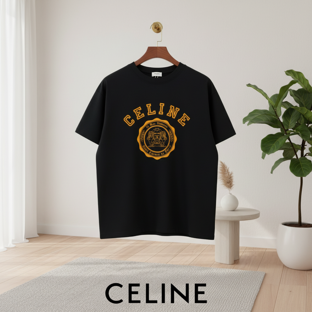CELINE Black Gold Logo Cotton T-Shirt Unisex