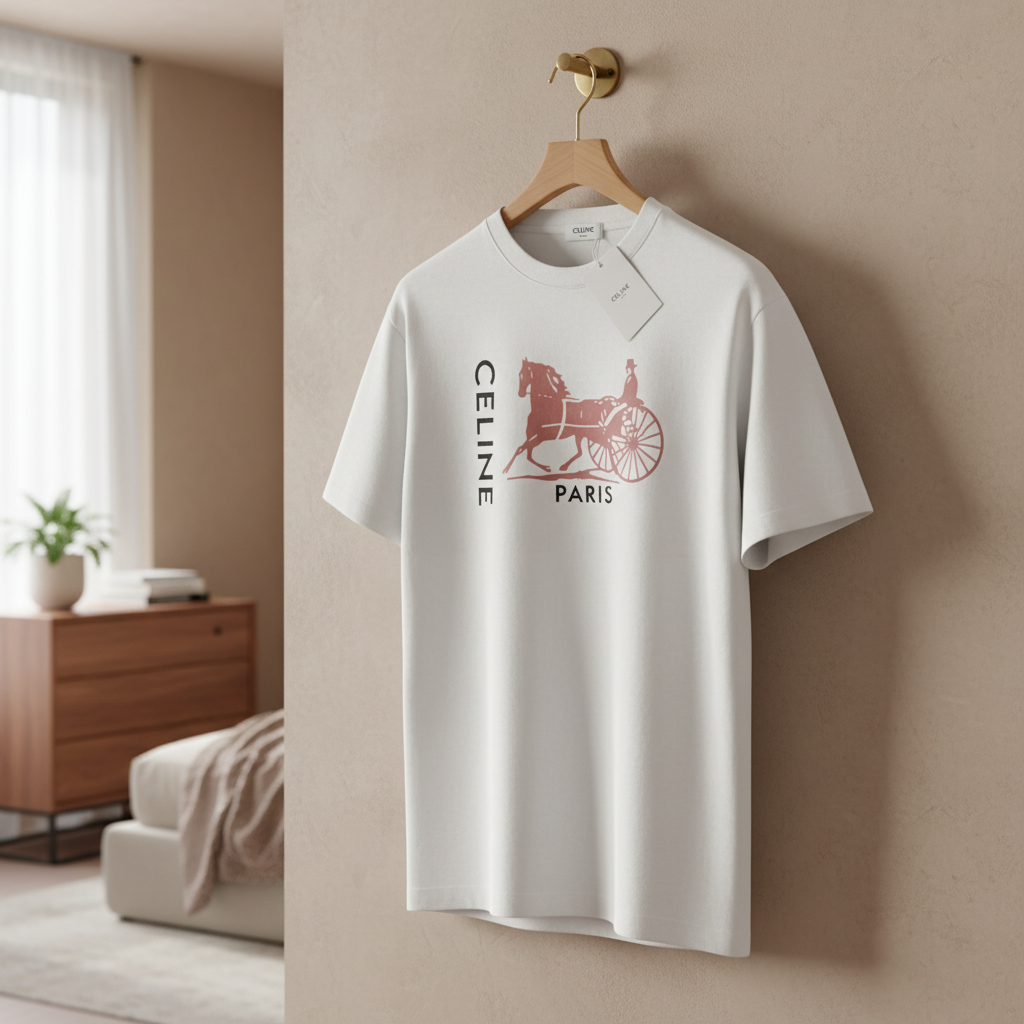 CELINE Paris Horse Carriage Logo White Cotton T-Shirt