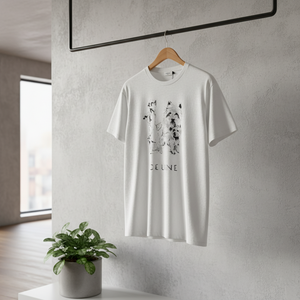 CELINE White Dog Print Cotton T-Shirt Unisex