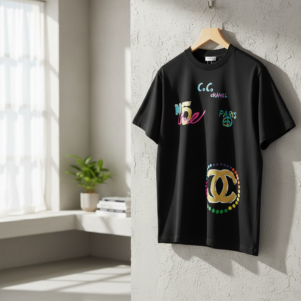 CHANEL Black Multicolor Logo Cotton T-Shirt