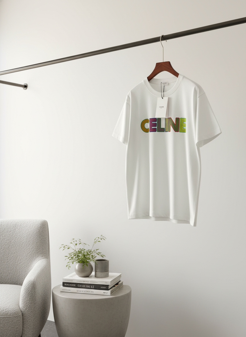 CELINE Rainbow Logo White Cotton Unisex T-Shirt