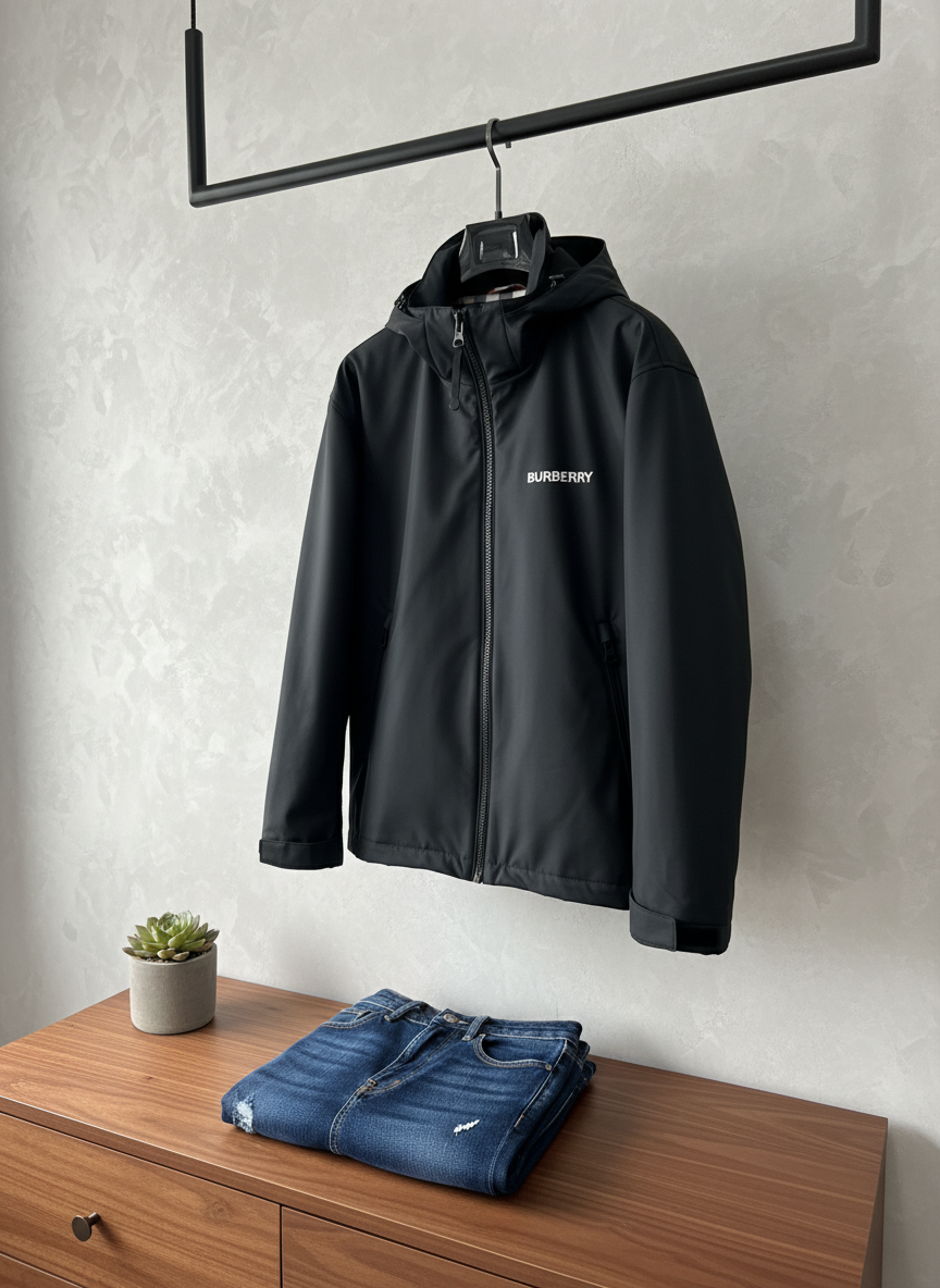 Burberry Men Black Hooded Waterproof Lightweight Jacket