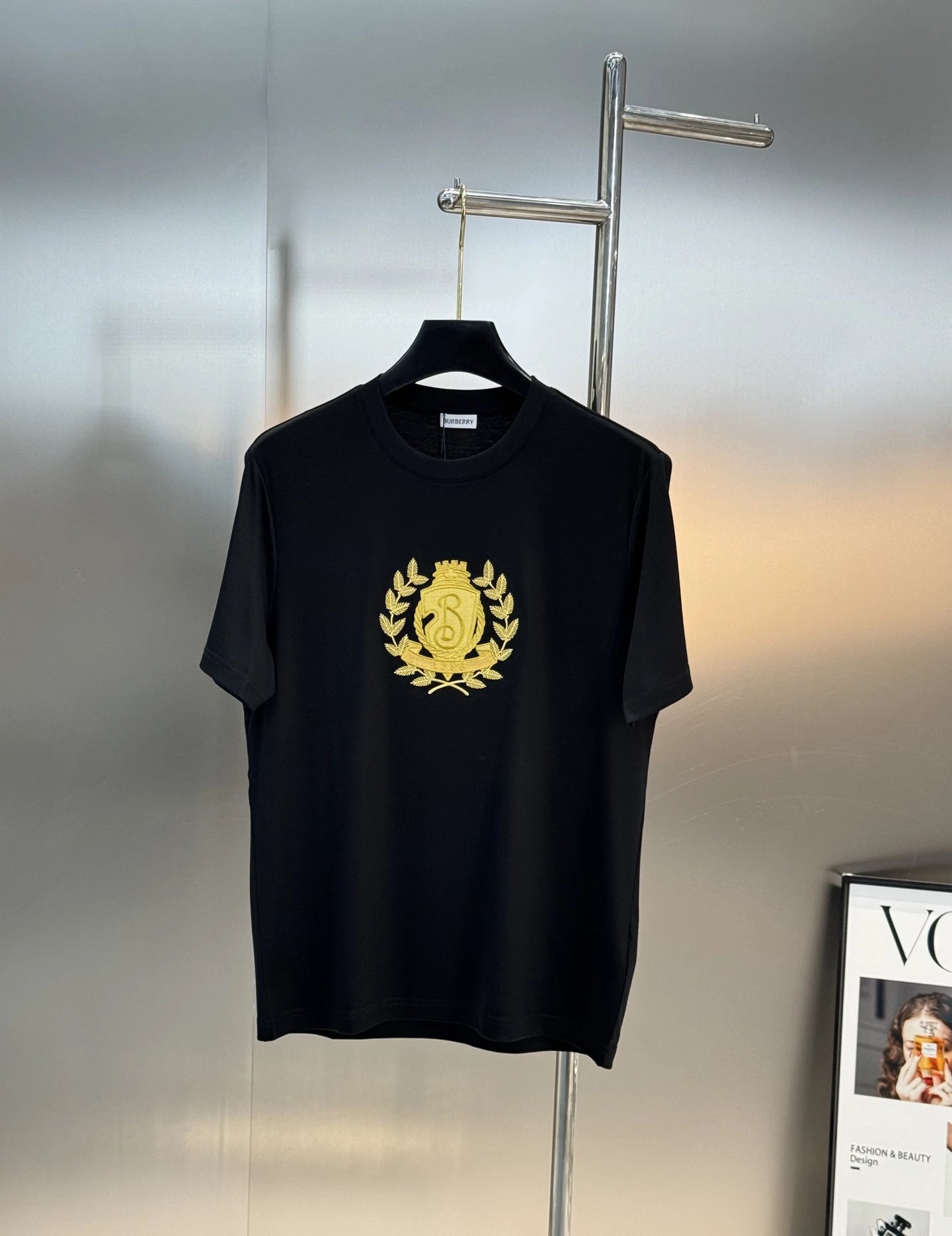 Burberry Men Black Gold Crest Cotton T-Shirt