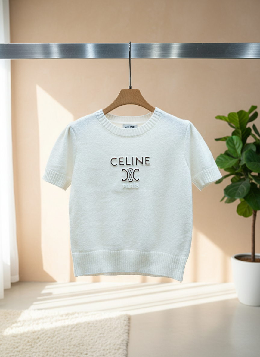 CELINE Paris White Cotton Logo Embroidered T-Shirt