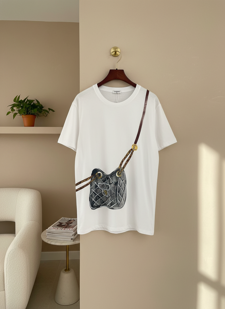 CHANEL White Artistic Bag Print Casual T-Shirt