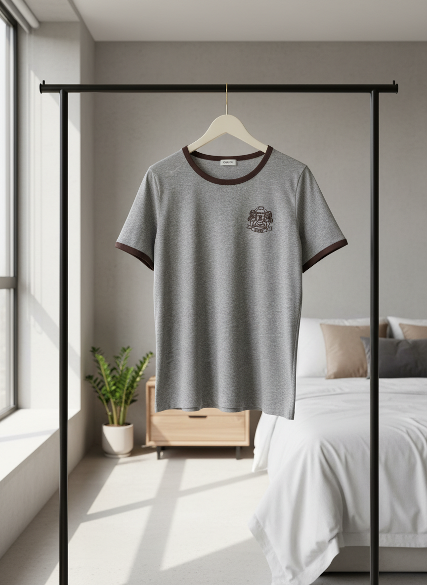 CELINE Grey Cotton T-Shirt Brown Collar Trim