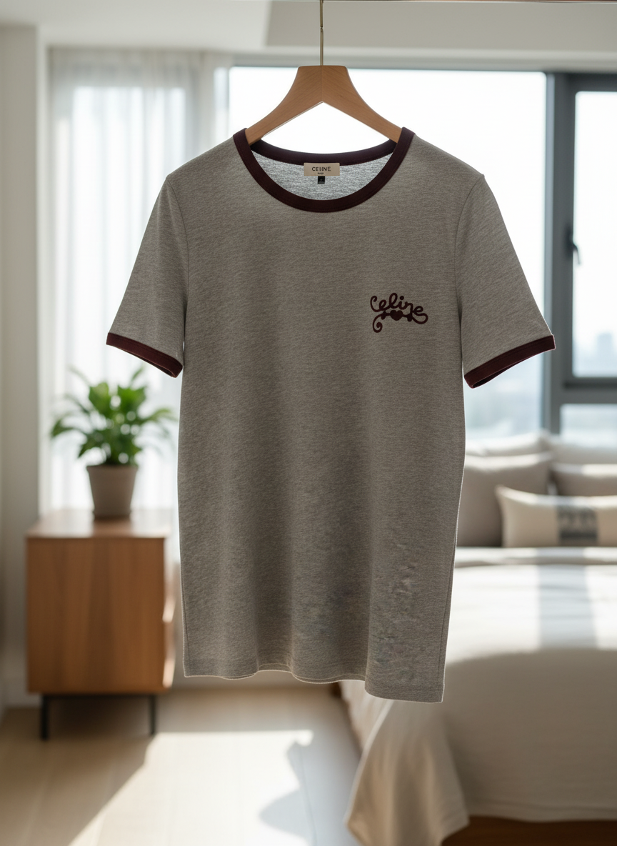 CELINE Grey Cotton T-Shirt with Burgundy Trim