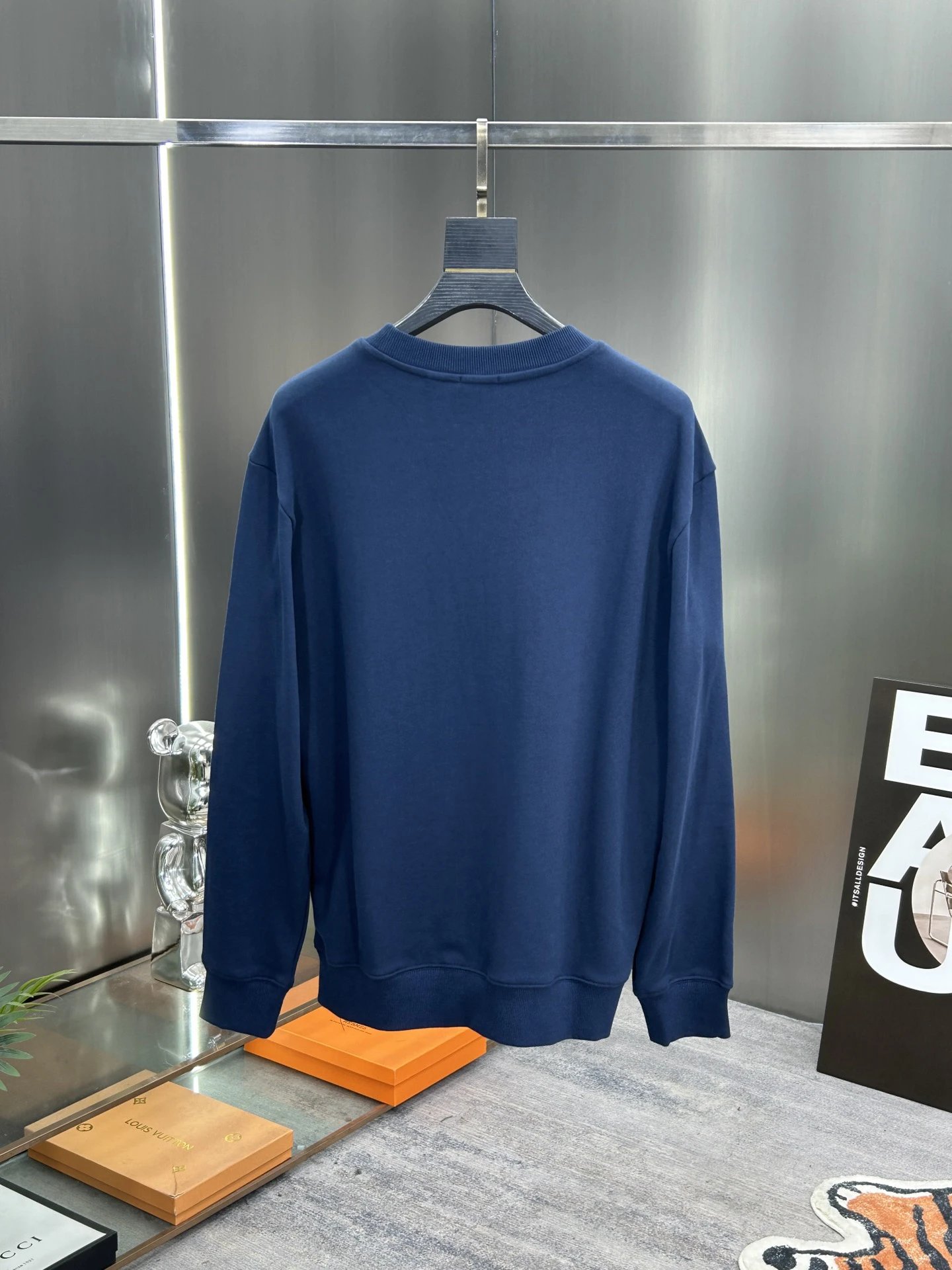 Burberry Men Navy Blue Cotton Embroidered Hoodie