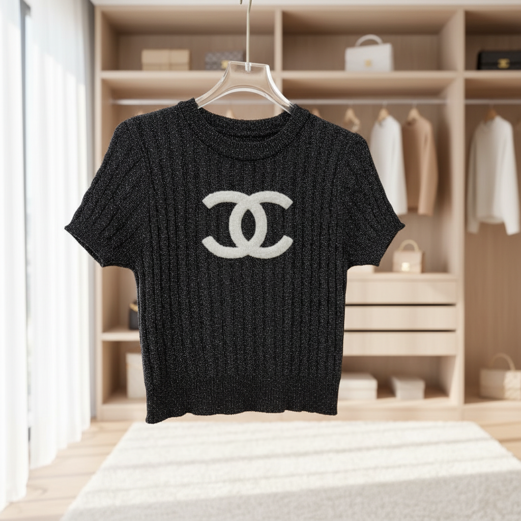 CHANEL Women Ribbed Knit Logo Short Sleeve T-Shirt