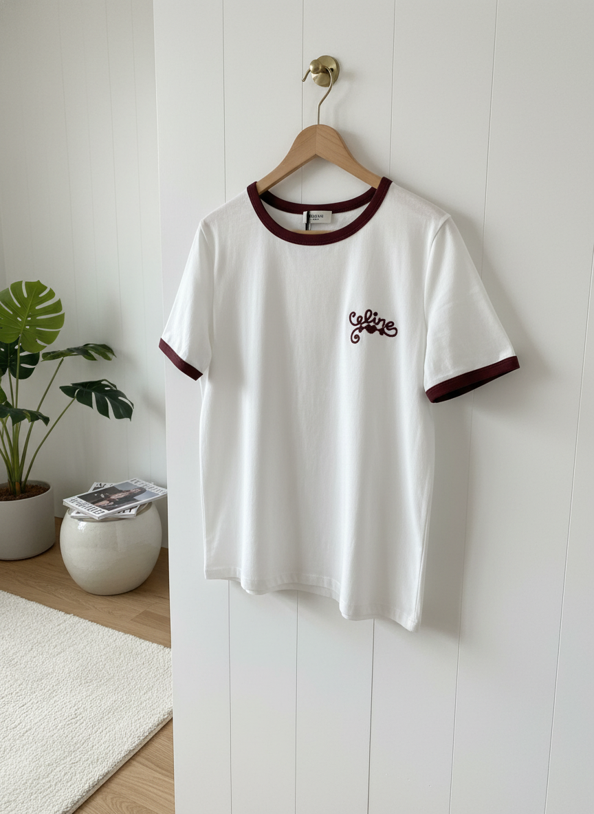 CELINE White Cotton T-Shirt Burgundy Trim Unisex