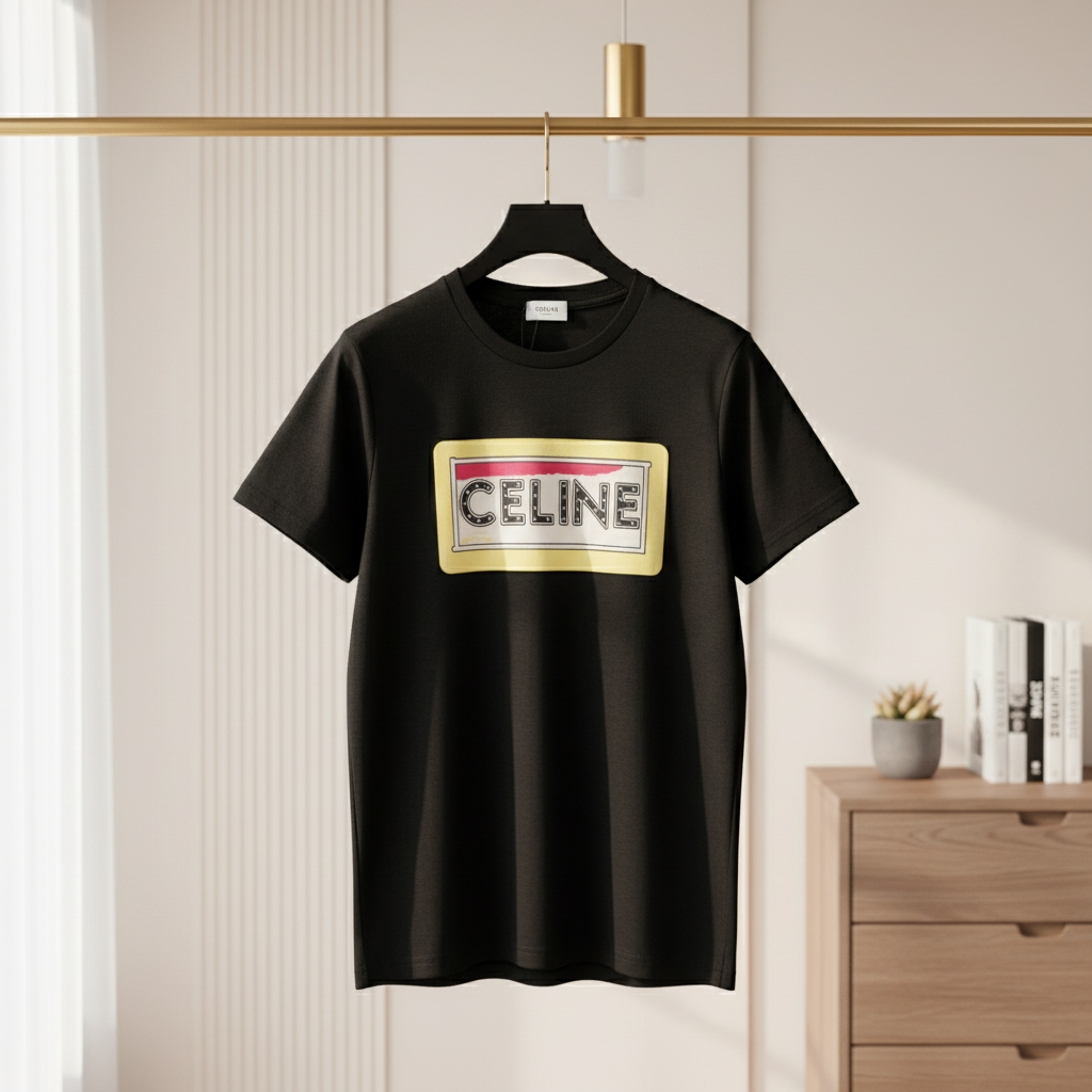 CELINE Black Logo Print Unisex Cotton T-Shirt