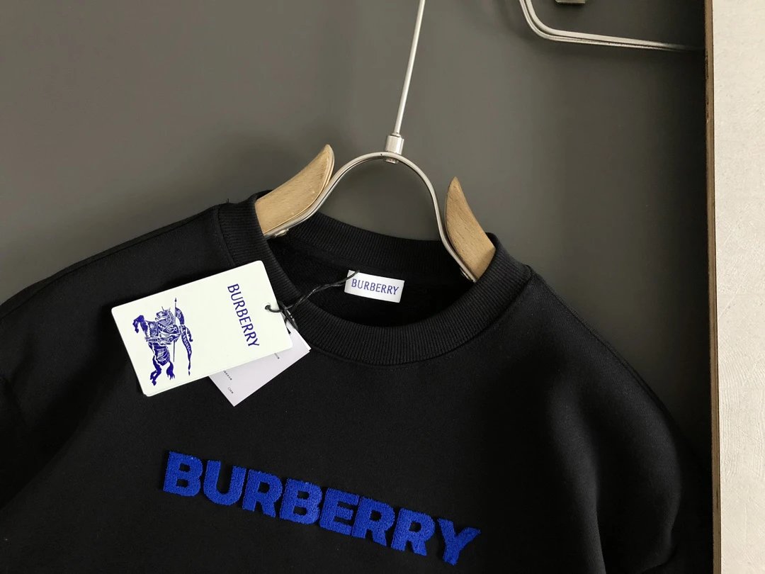 Burberry Men Black Cotton T Shirt Blue Logo Print