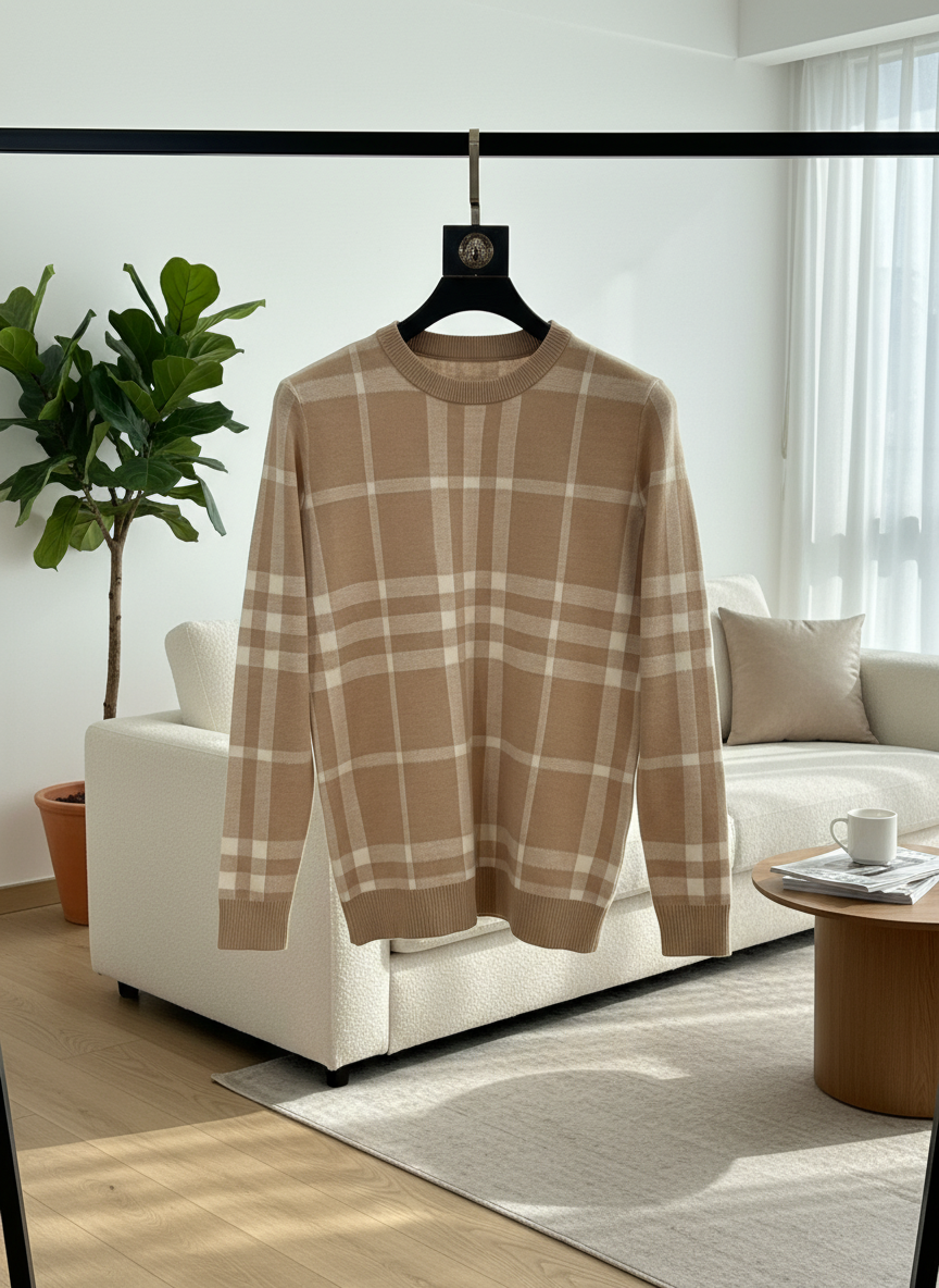 Burberry Men Classic Check Beige Knit Hoodie