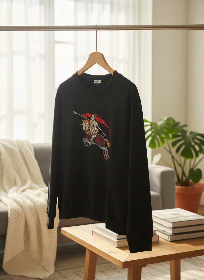 Burberry Black Hoodie Embroidered Knight Cotton Sweatshirt