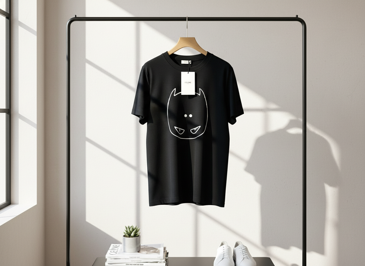 CELINE Black Cotton Graphic Cartoon Print T-Shirt
