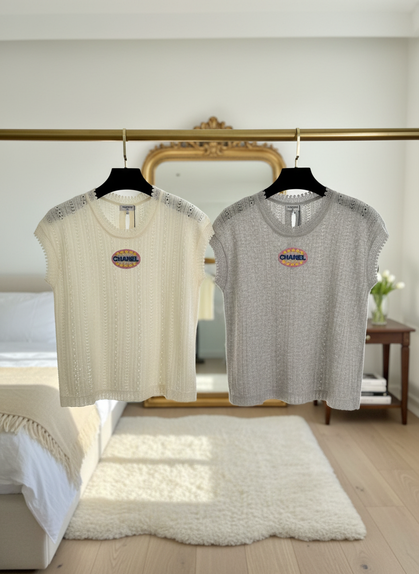 CHANEL Women Knit Crochet Short Sleeve T-Shirt Tops