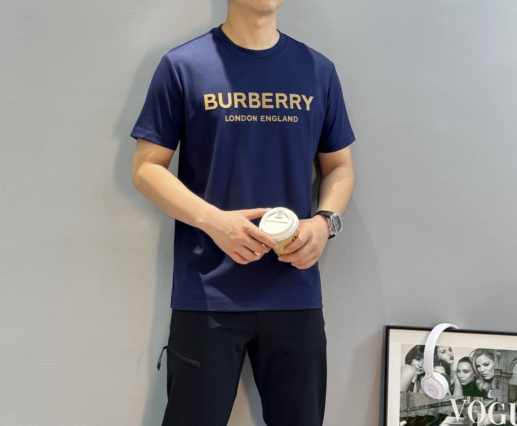 Burberry Men Navy Cotton Logo T-Shirt