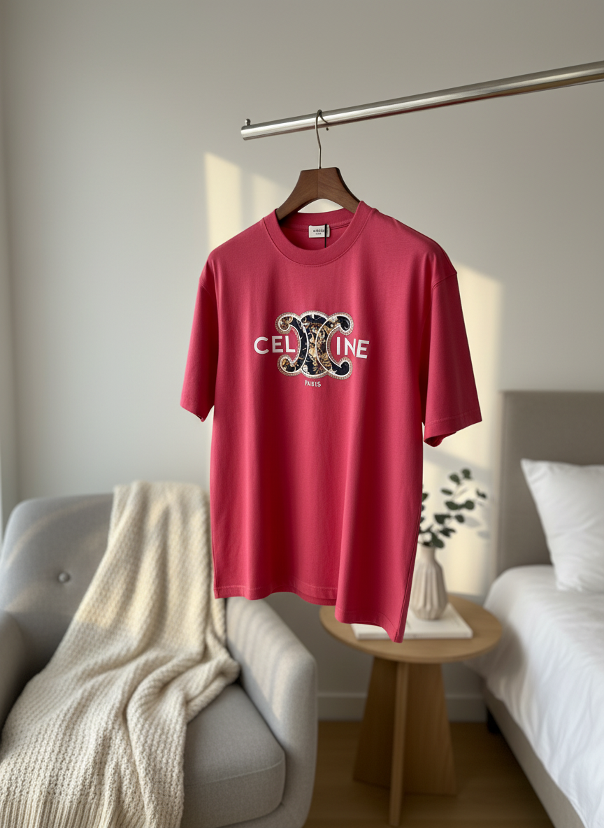 CELINE Paris Red Logo Cotton T-Shirt