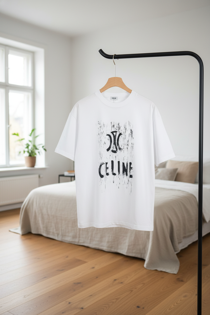 CELINE White Graphic Logo Cotton T-Shirt