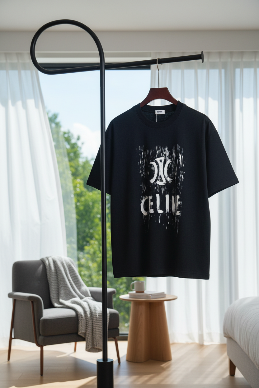 CELINE Logo Print Cotton Streetwear T-Shirt Black