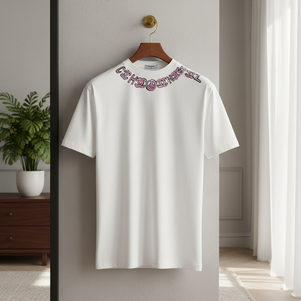 CHANEL White Cotton T-Shirt Pink Logo Embroidery