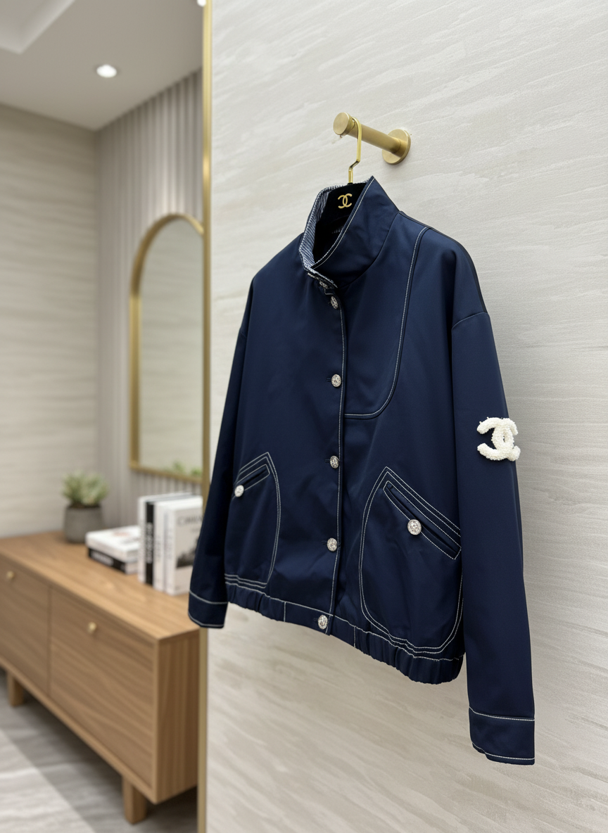CHANEL Women Navy Logo Button Elegant Jacket