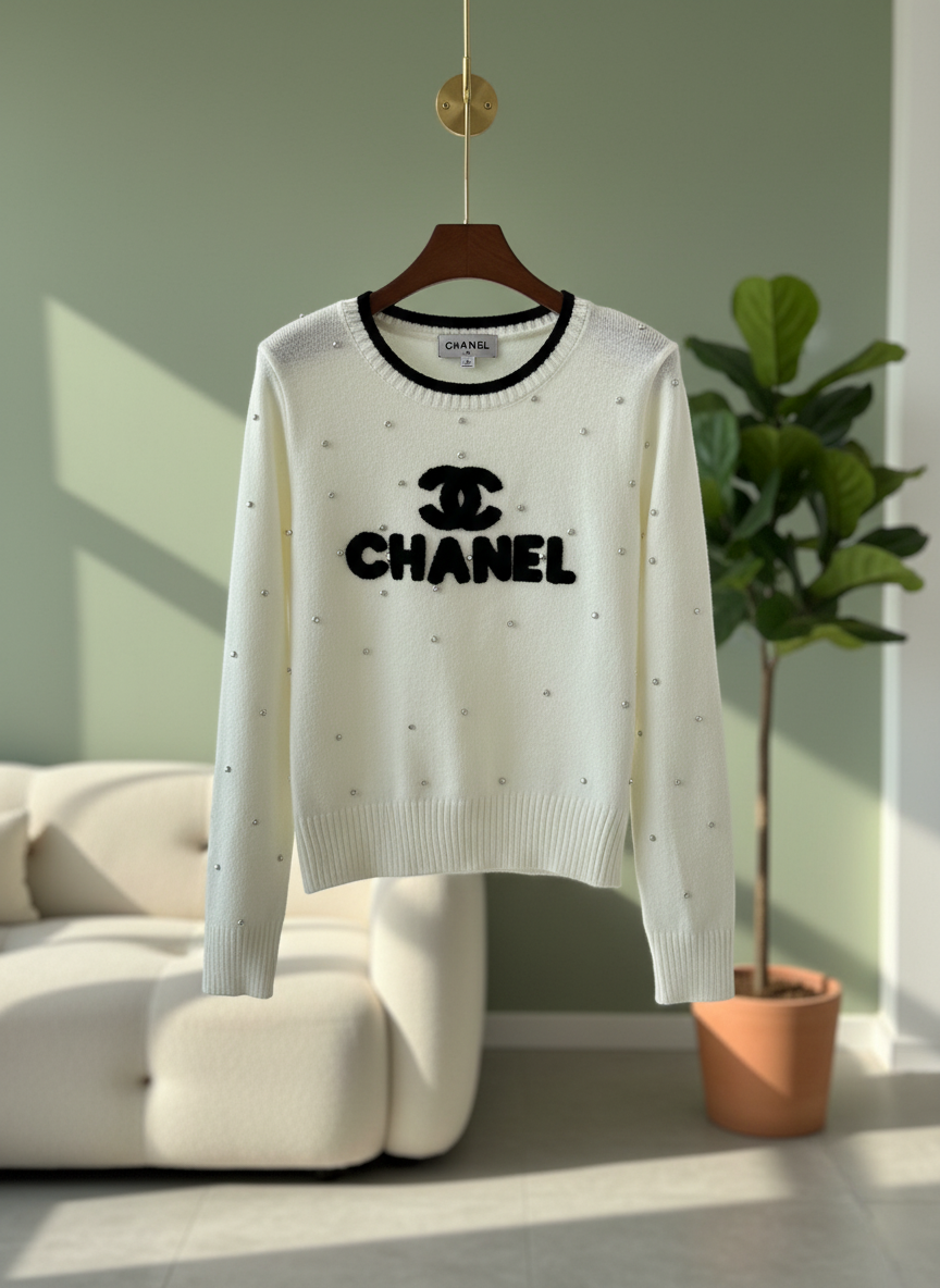 CHANEL Women Knit Sweater White Pearl Logo Pullover