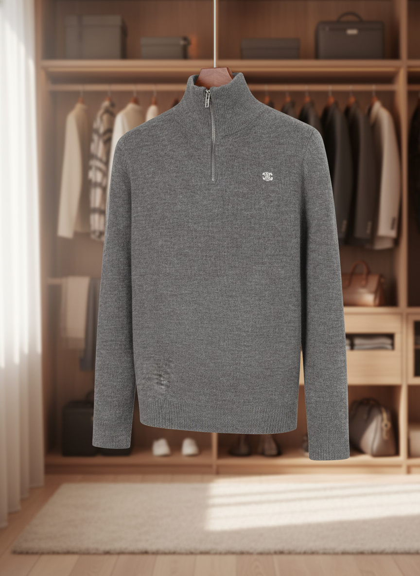 CELINE Men Half Zip Wool Hoodie Gray Sweater