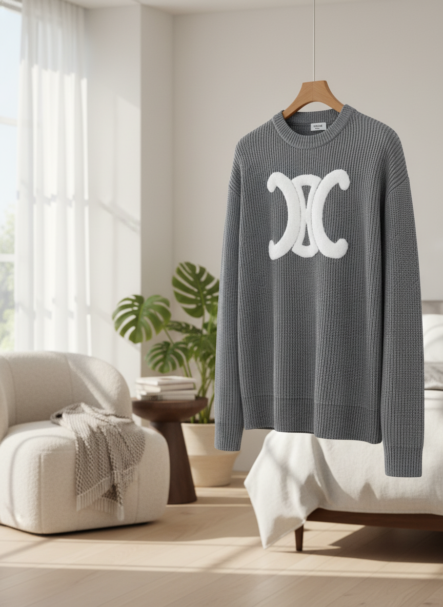 CELINE Gray Knit Logo Hoodie Sweater