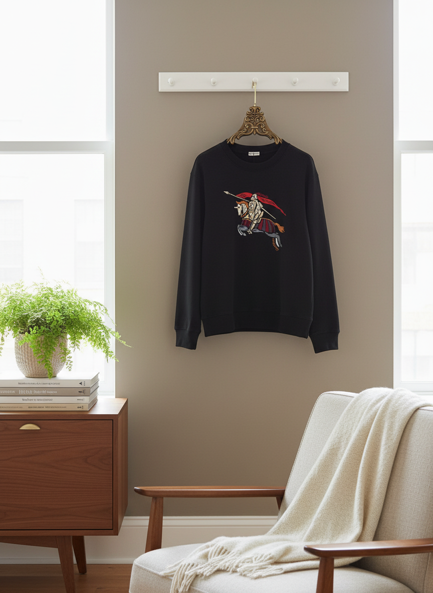 Burberry Black Hoodie Knight Embroidery Cotton Sweatshirt