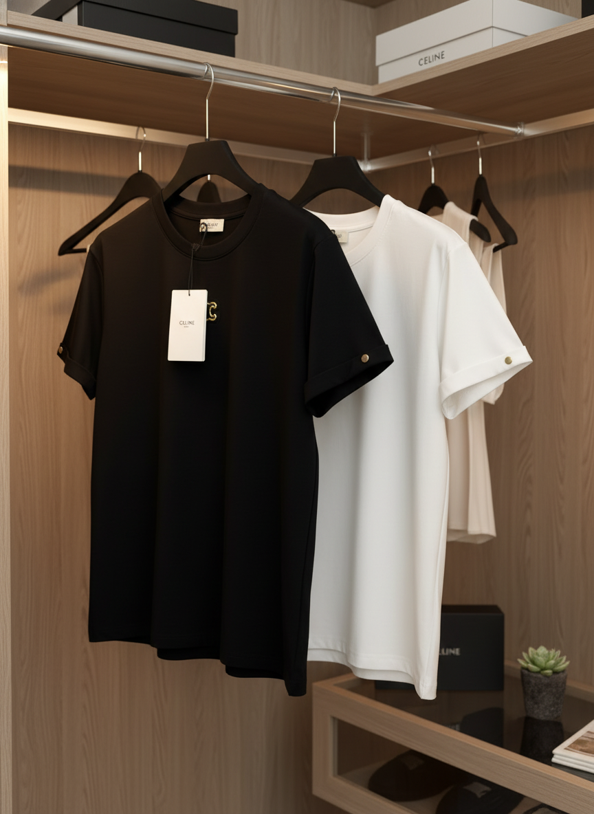 CELINE Classic Logo Cotton T-Shirt Black White Fashion Top