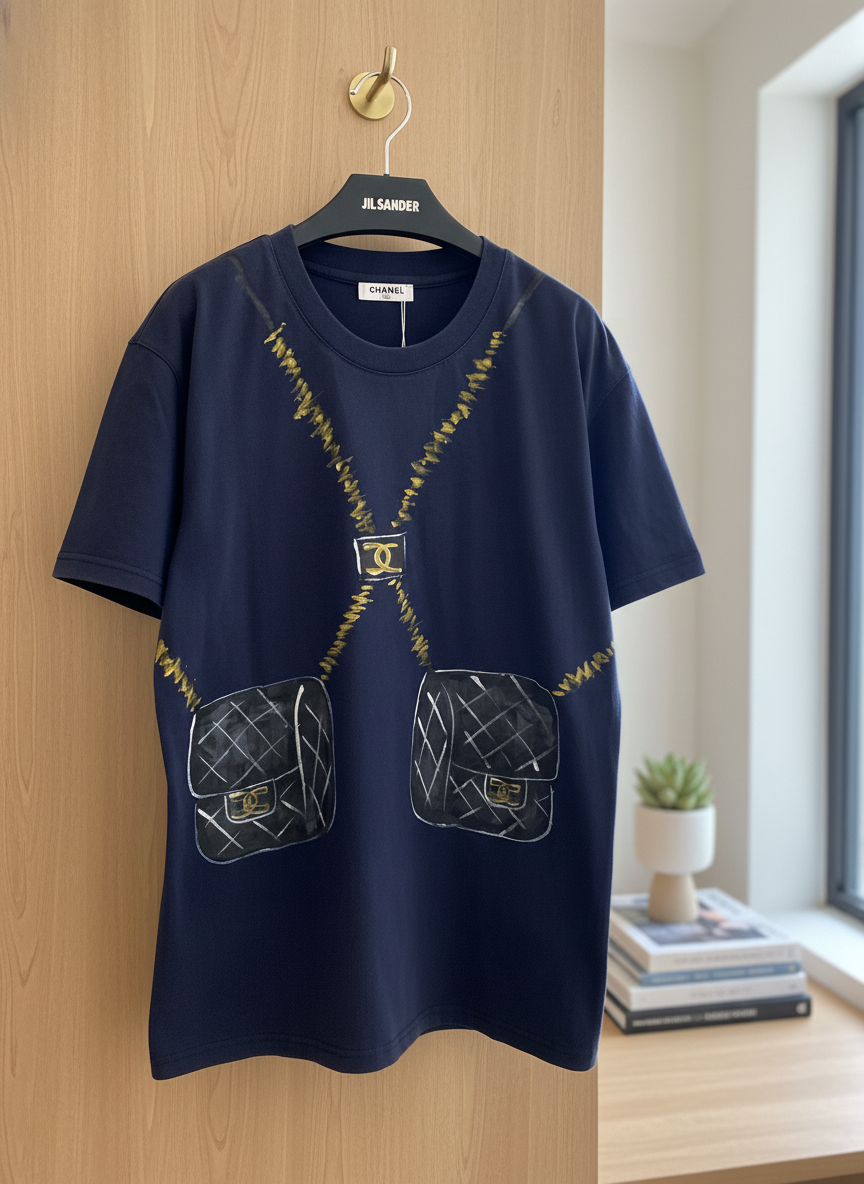 CHANEL Navy Graphic Quilted Bag Print T-Shirt