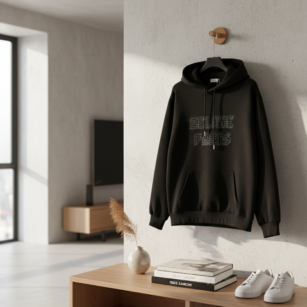 CELINE Paris Black Rhinestone Logo Pullover Hoodie