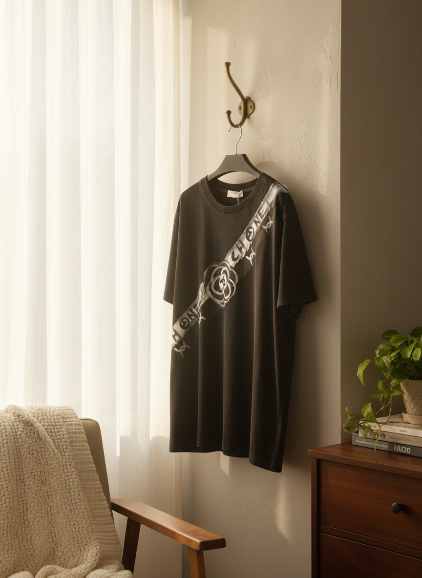 CHANEL Black Cotton Logo Diagonal Graphic T-Shirt