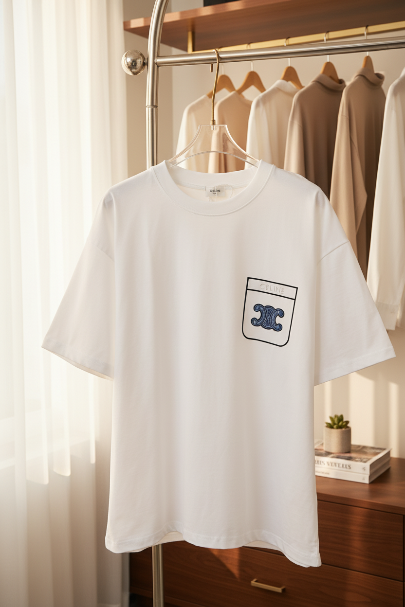 CELINE White Cotton Pocket Logo Unisex T-Shirt