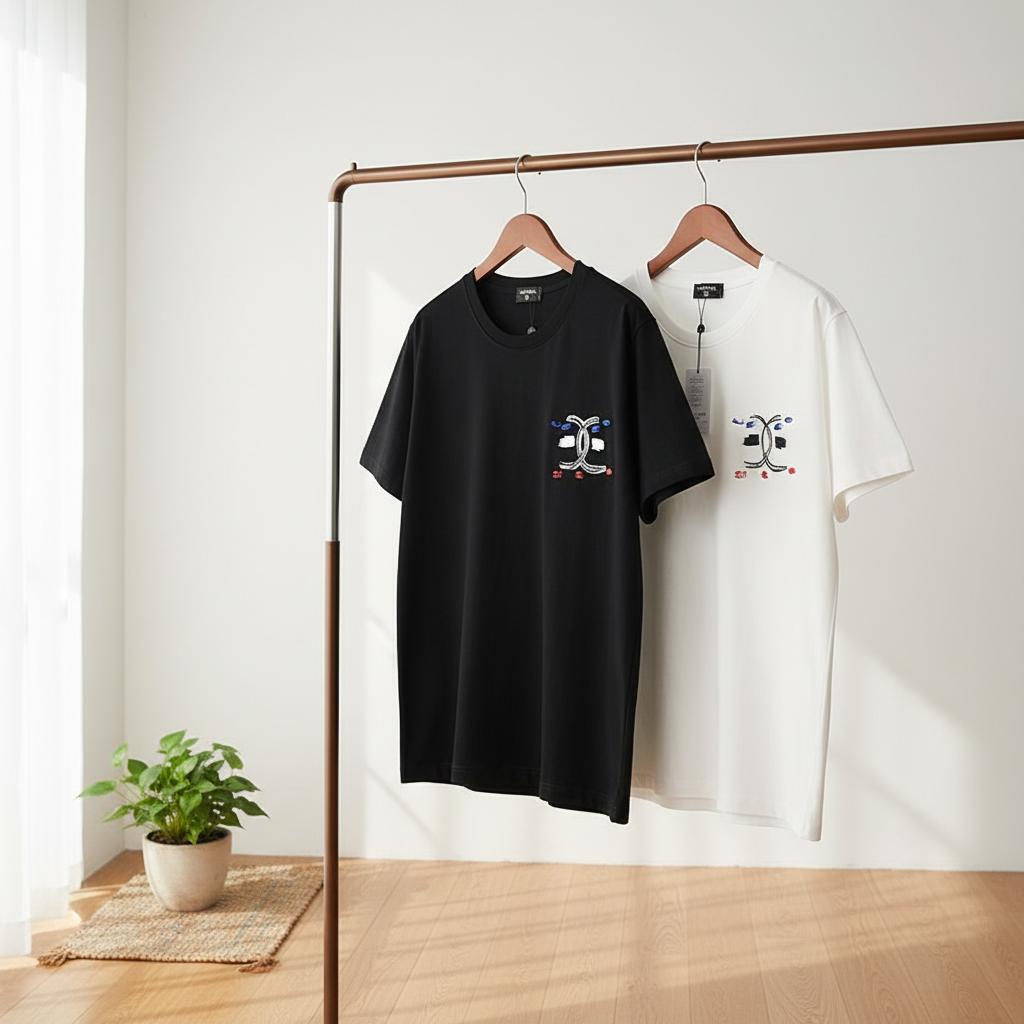 CHANEL Logo Cotton T-Shirt Black White Casual Top