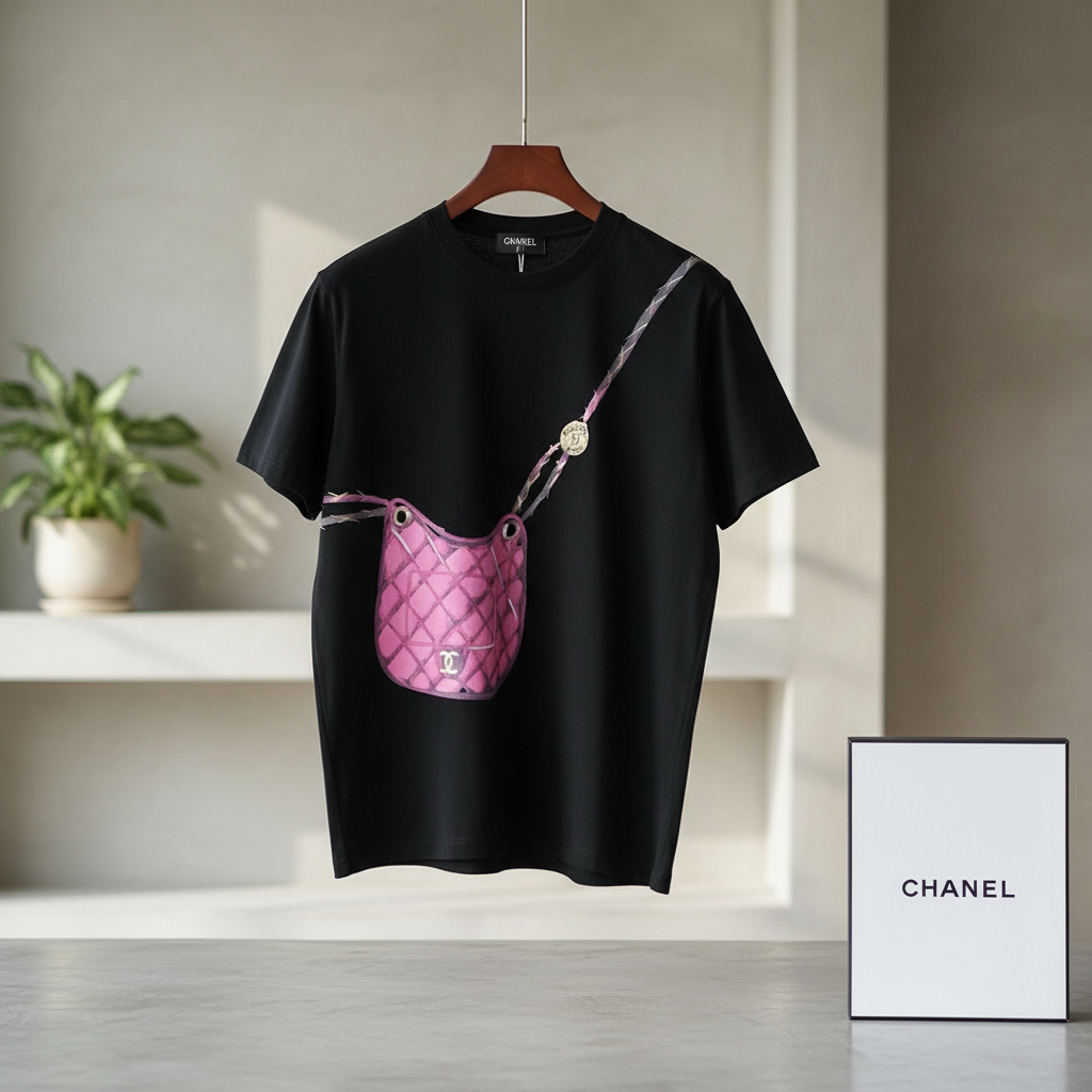 CHANEL Black T-Shirt Pink Bag Print Luxury Women Top