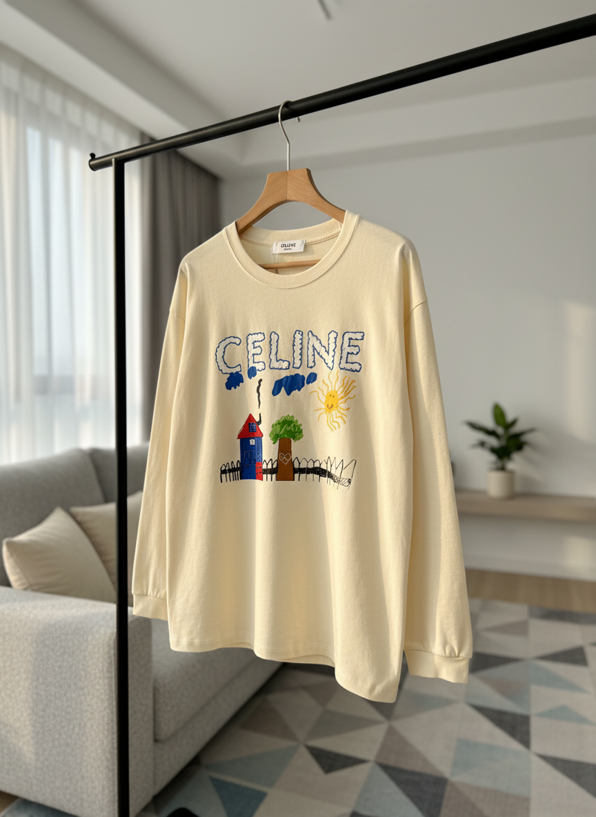 CELINE Beige Hoodie Graphic Sweatshirt Casual Unisex Long Sleeve