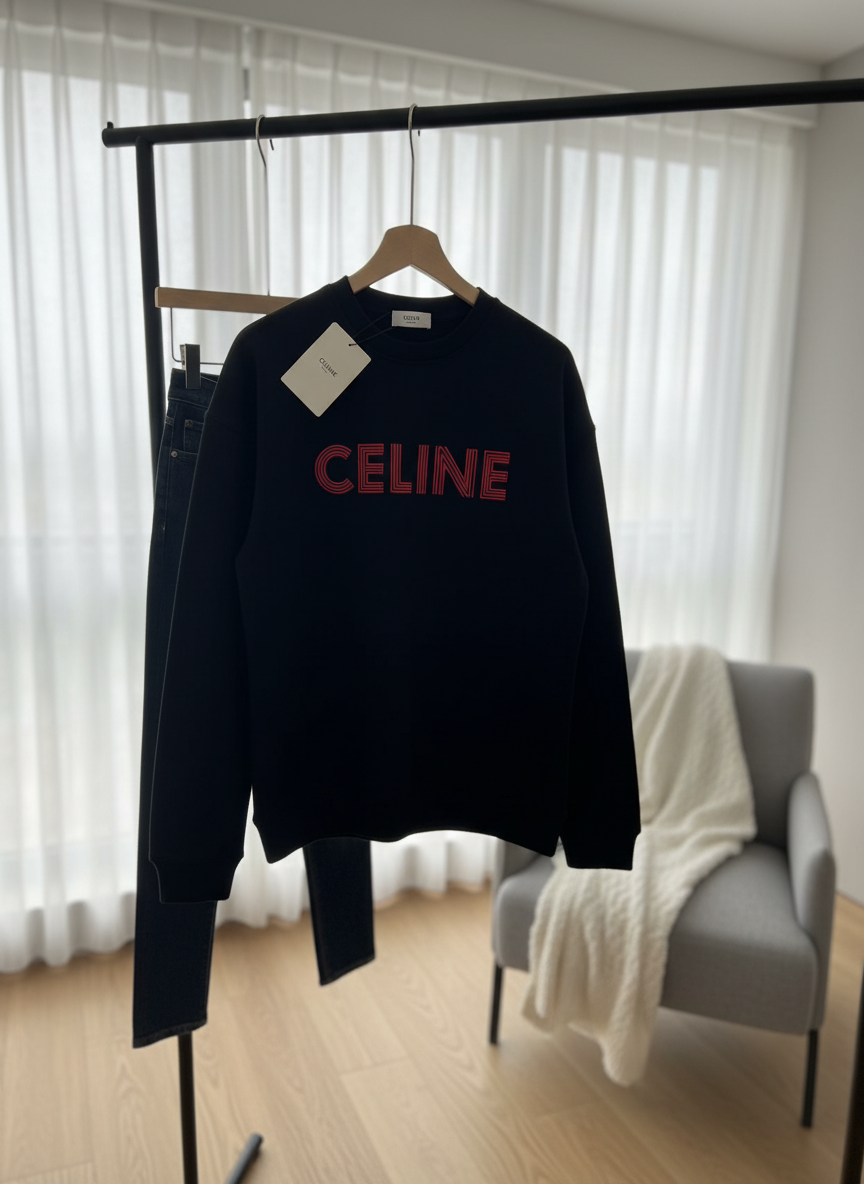 CELINE Black Hoodie Unisex Sweatshirt Red Logo Cotton