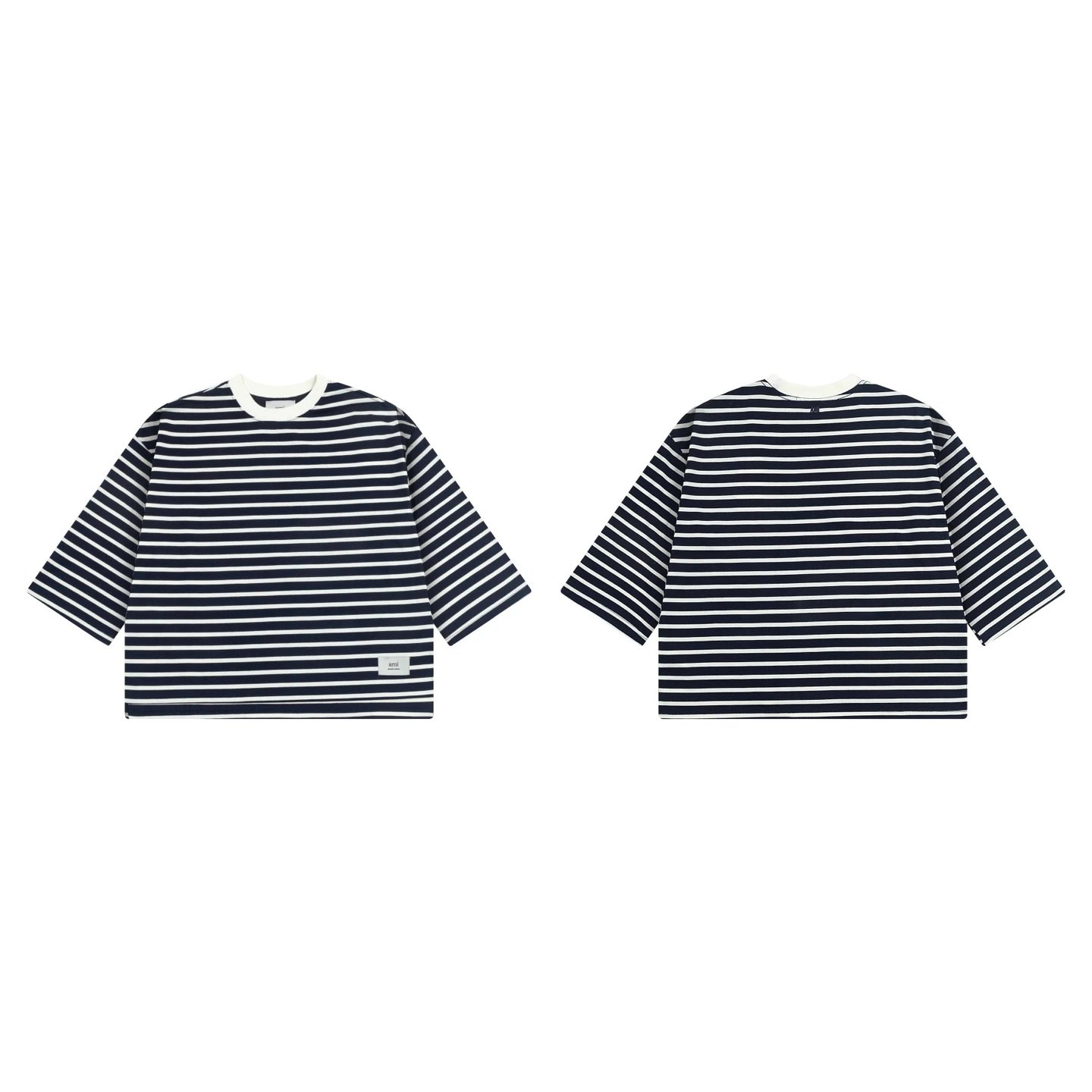 AMI Navy Striped 3/4 Sleeve Cotton Unisex T-Shirt
