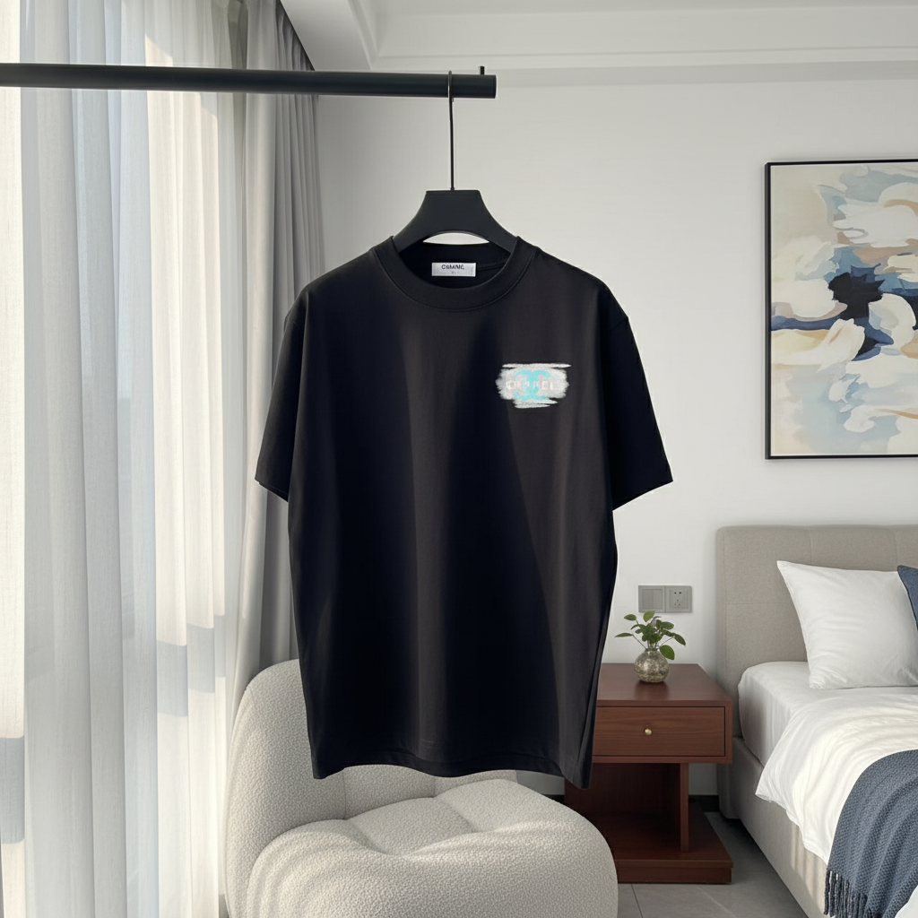 CHANEL Black Cotton Logo Casual T-Shirt
