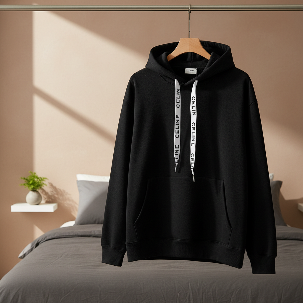 CELINE Black Logo Unisex Streetwear Hoodie
